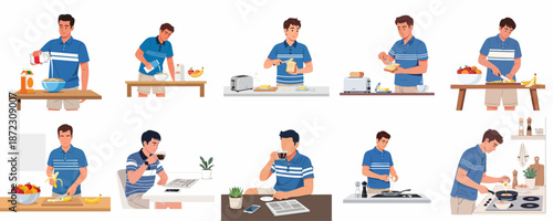 A young man preparing and enjoying a healthy breakfast routine, including cereal, toast, fruit, and eggs, before relaxing with coffee and the news.