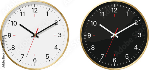 Modern wall clock set with white and black faces showing time isolated on white background realistic vector illustration