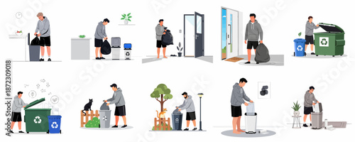 Waste Management and Recycling Process Illustration Set: Young man performing daily household chores, taking out trash bags, and sorting refuse into proper bins.