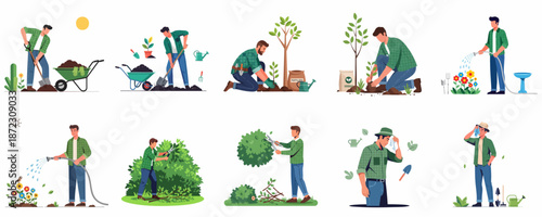 Garden work and horticulture activities set: Planting, shoveling, watering, and pruning shrubs, illustrating spring and summer yard care tasks.
