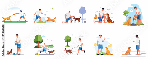 Daily Dog Ownership Routine: Man Caring For, Training, Playing With, and Walking His Pet Dogs in Park Settings.