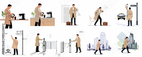 Urban professional's morning routine: Making coffee, rushing, hailing a taxi, taking public transport, and walking through the city for the daily commute.