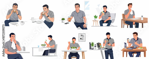 Diverse flat vector illustrations of a man eating, drinking, and taking meal breaks, showcasing different food and dining scenarios throughout the day.