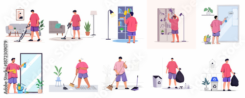 Collection of scenes showing a man cleaning his home: vacuuming floors, dusting shelves, sweeping, washing windows, and managing garbage and recycling.