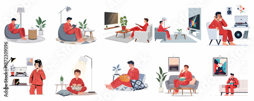 Home relaxation activities set featuring a man in pajamas reading, watching TV, listening to music, and enjoying cozy comfort indoors.