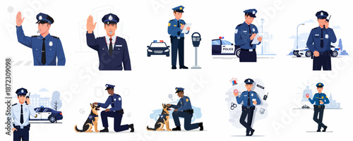 Set of vector illustrations depicting police officers in various scenarios: traffic direction, writing tickets, radio communication, patrol, K9 unit work, and taking breaks.