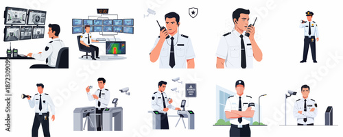 Professional security guard bundle illustrating surveillance, monitoring, access control, and communication duties in various corporate and protected environments.