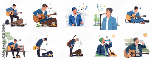 Modern vector collection of a busker performing and singing outdoors, featuring scenes of him playing guitar, collecting tips, and resting.