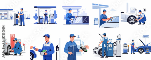 Comprehensive gas station services illustration set: attendant fueling vehicles, checking tires, washing windows, and processing credit card payments.