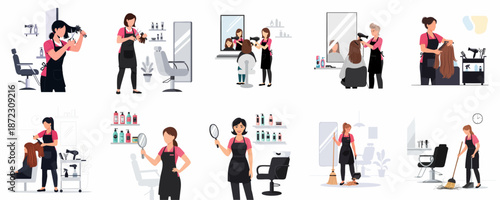 Flat vector illustration set of female hairdressers performing hair care services, styling, cutting, and cleaning the beauty salon.