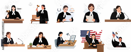 Diverse set of vector illustrations featuring professional female judges in robes, working in courtrooms, holding gavels, administering justice, and signing legal documents.