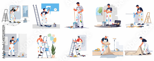 Professional painters set for home renovation tasks, including mixing paint, rolling walls, climbing ladders, and preparing surfaces with masking tape and drop cloths.