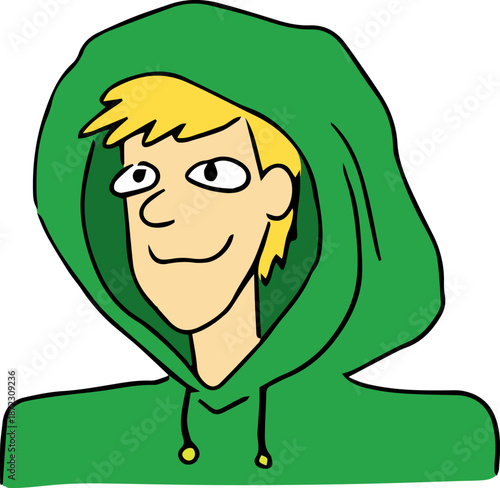 Drawing of a white blond man wearing a green hoodie. Styled with bold, grunge lines, suitable for icons, posters, or branding, conveying a casual and modern look
