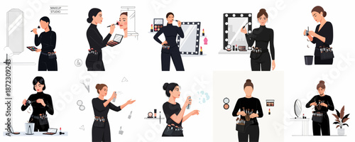 A collection of illustrations depicting professional female makeup artists working, using cosmetic tools, applying makeup, and organizing their beauty studio equipment.