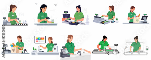Female Cashier Collection: Store employee working at the checkout counter, scanning goods, managing payments, providing service, and operating the POS system.