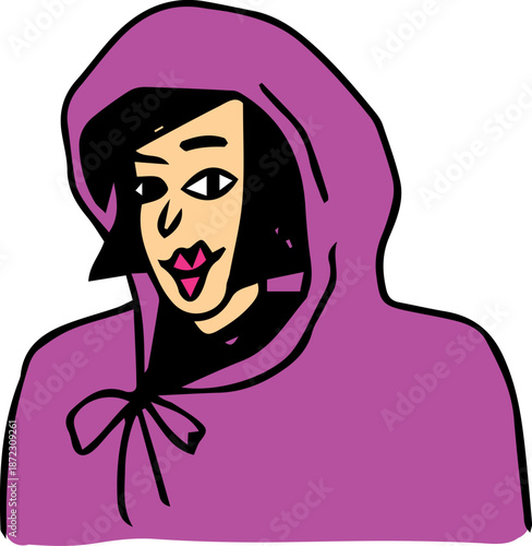 A woman with a bob haircut wearing a purple hoodie. Designed in a bold, grunge style, perfect for icons, posters, or branding, conveying a relaxed and modern look
