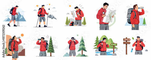 Hiker Adventure Collection: Man Trekking, Navigating, and Exploring Nature in Mountains and Forest Environment Illustrations.
