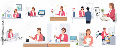 Set of vector illustrations depicting professional businesswomen and receptionists performing administrative, customer service, and office management tasks.