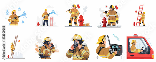 Firefighter at Work Flat Vector Illustrations Set. Emergency Rescue Professionals Extinguishing Fire, Using Axes, Climbing Ladders, and Driving Fire Trucks.