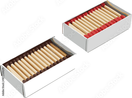 Open matchbox set with wooden matches and red tips isolated on white background realistic safety object vector illustration