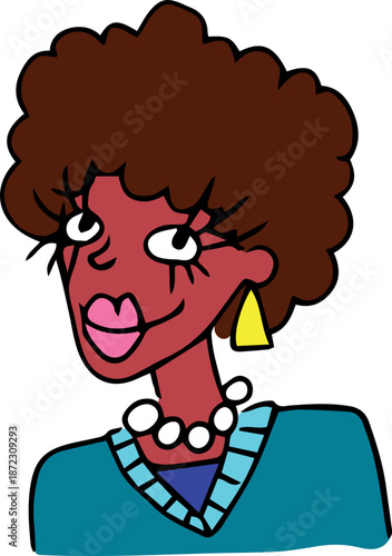 A smiling dark-skinned woman with thick, curly hair. Drawn with black grunge lines, suitable for avatars, icons, posters, or branding