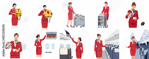 Airline Cabin Crew Services and Safety Duties: Illustrations of Flight Attendants Serving Meals, Demonstrating Life Vests, and Assisting Passengers.