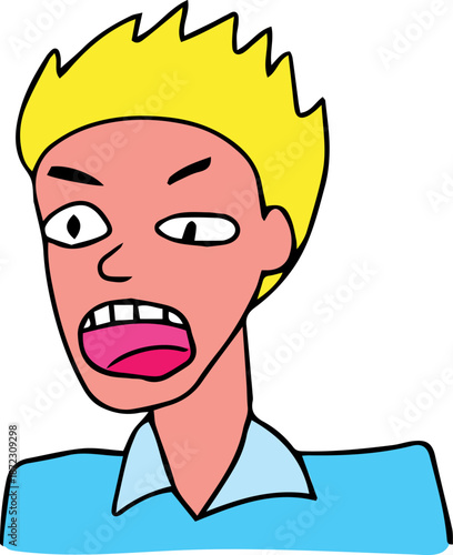 A white man with blond hair and tousled hair screams with his mouth wide open. Drawn with black grunge lines, suitable for avatars, icons, posters, or branding