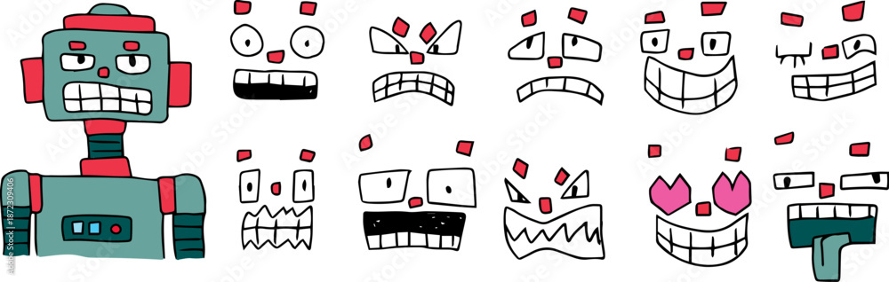 Fototapeta premium A funny metallic robot. A set of facial expressions with an avatar. Drawn with black grunge lines, suitable for avatars, icons, posters, or branding
