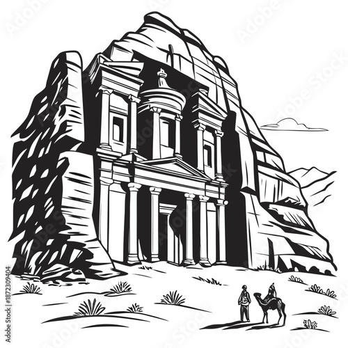 Detailed Archaeological Site Sketch of the Petra Treasury in Jordan Black and White Vector Graphic