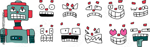 A funny metallic robot. A set of facial expressions with an avatar. Drawn with black grunge lines, suitable for avatars, icons, posters, or branding