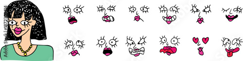 A set of facial expressions with an avatar. A brunette woman with full lips and large eyes. Drawn with black grunge lines, suitable for avatars, icons, posters, or branding