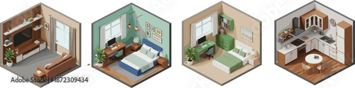 interior, room, design, isometric, home, apartment, furniture, decor, modern, living, bedroom, kitchen, workspace, cozy, layout, architecture, illustration, vector, lifestyle, residential