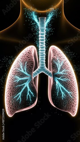 Human Lungs and Respiratory System with Glowing Bronchi and Trachea.