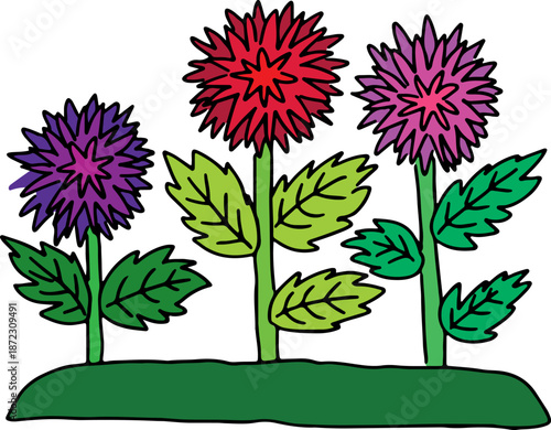 Brightly colored asters growing in a green meadow. Black curved grunge lines. Suitable for plant themes, growing flowers. Bright design