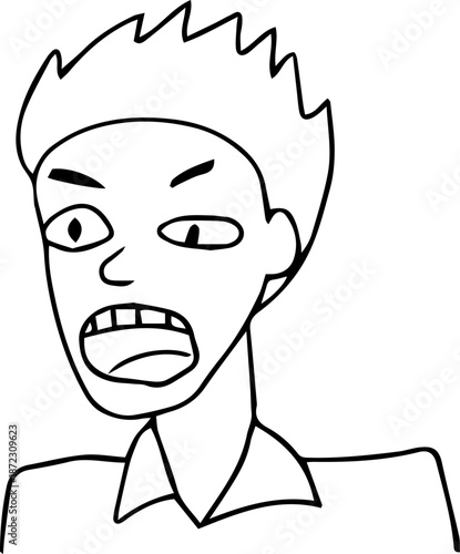 A white man with tousled hair screams with his mouth wide open. Drawn with black grunge lines, suitable for avatars, icons, posters, or branding