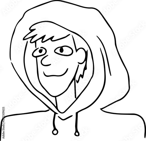Drawing of a white man wearing a hoodie. Styled with bold, grunge lines, suitable for icons, posters, or branding, conveying a casual and modern look