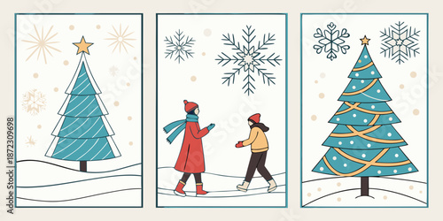 Winter Holiday Panels with Christmas Trees and Skaters – A Festive 2027 Greeting