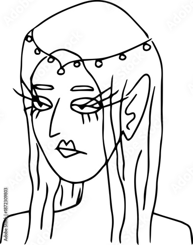An elf with long hair and a displeased expression. Drawn with black grunge lines, suitable for avatars, icons, posters, or branding.