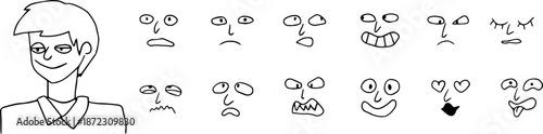 A set of facial expressions with an avatar. A man in a shirt, an office worker. Drawn with black grunge lines, suitable for avatars, icons, posters, or branding.
