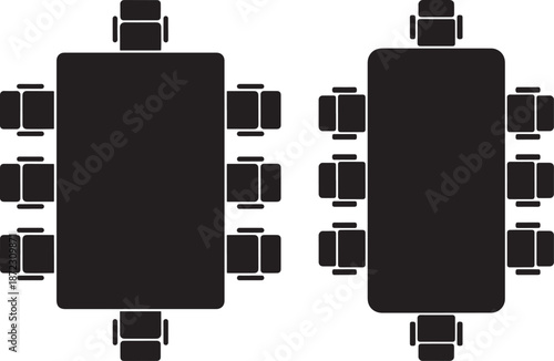 Rectangular conference table with eight chairs top view silhouette icons. Ideal for office floor plans, boardroom meetings, and corporate furniture layout design.