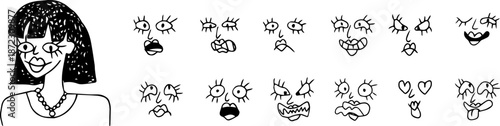 A set of facial expressions with an avatar. A brunette woman with full lips. Drawn with black grunge lines, suitable for avatars, icons, posters, or branding.