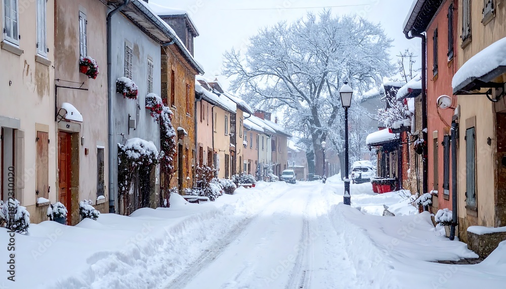 Fototapeta premium Charming European Street Covered in Fresh Snow on a Winter Day.