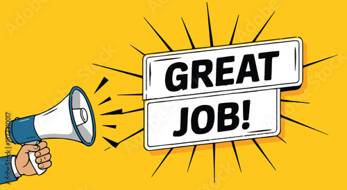 megaphone announcement with great job signs on yellow background