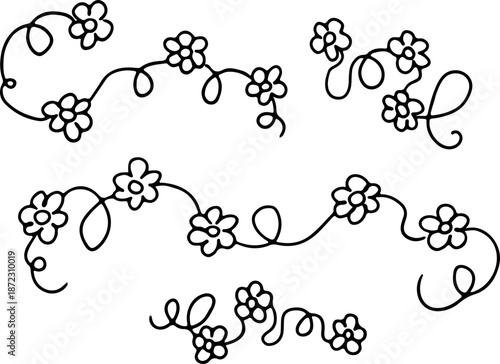 Set of cute little daisy flowers with doodles. Black curved grunge lines. Suitable for plant themes, growing flowers. Bright design