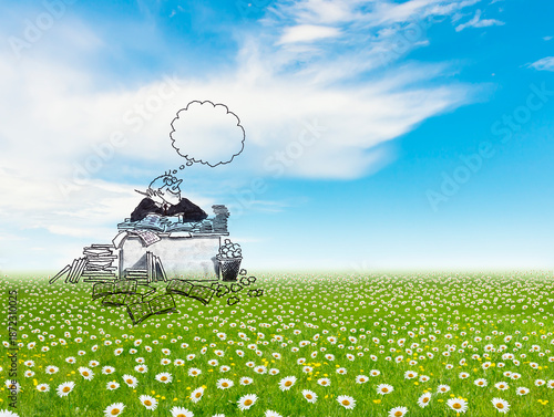 Illustration eines Comicmännchens mit vielen akten auf einer Blumenwiese