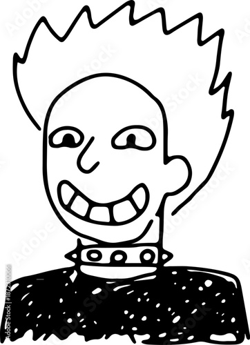 Hand-drawn doodle of a fun punk with tousled hair. Grunge line art style, ideal for avatars, icons, posters, or logos. Perfect for edgy, youthful, or alternative designs