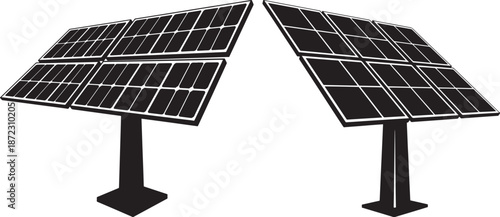 Solar panel silhouette icons for renewable energy concepts. Sustainable power generation system illustration in black and white for green technology use.