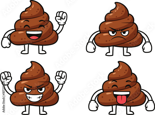 Funny poop emoji character set, cute cartoon expressions collection, happy angry crazy faces, humor illustration for stickers branding design