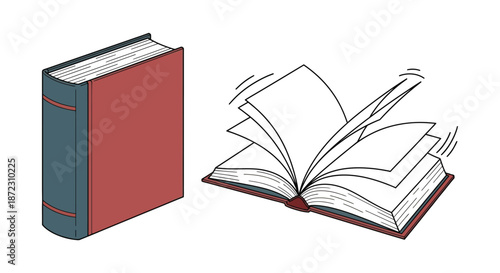 An illustration depicts a closed red book and an open book with fluttering pages