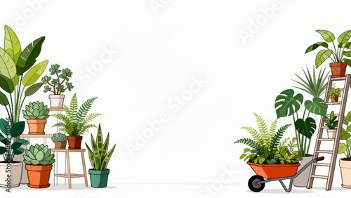 Potted plants and gardening tools